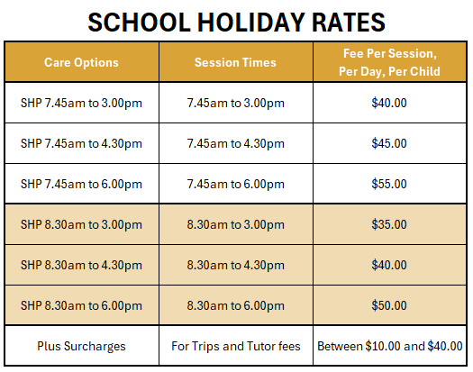 School Holiday Rates